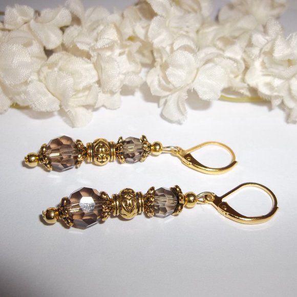 Pair of Dangle Earrings Brown Gold Lever Back 6405 - Picture 5 of 10